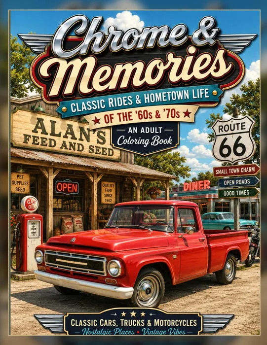 Okay, Hear Me Out...Chrome & Memories: A Nostalgic Coloring Journey Through the ’60s & ’70s — front cover