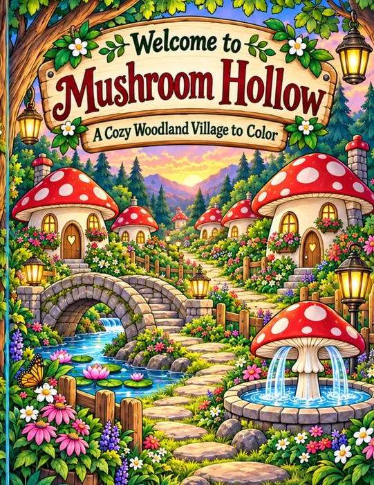 Welcome to Mushroom Hollow: A Cozy Woodland Village to Color — front cover